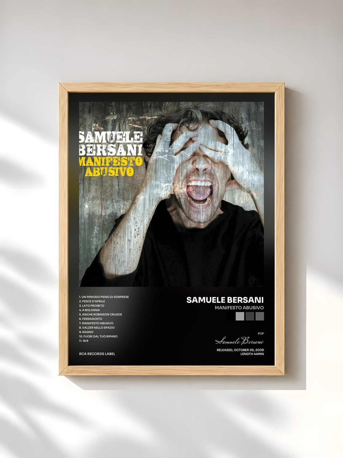 #bois Tableau de l'album Manifesto Abusivo de Samuele Bersani, cadre en bois brut, imprimé et encadré en France
