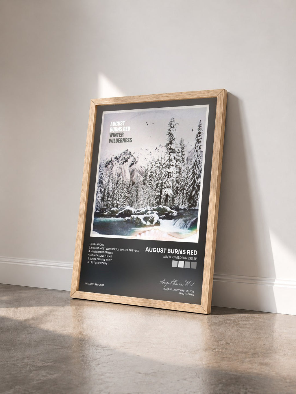 #bois Tableau de l'album Winter Wilderness EP de August Burns Red vu de trois quarts, cadre en bois brut