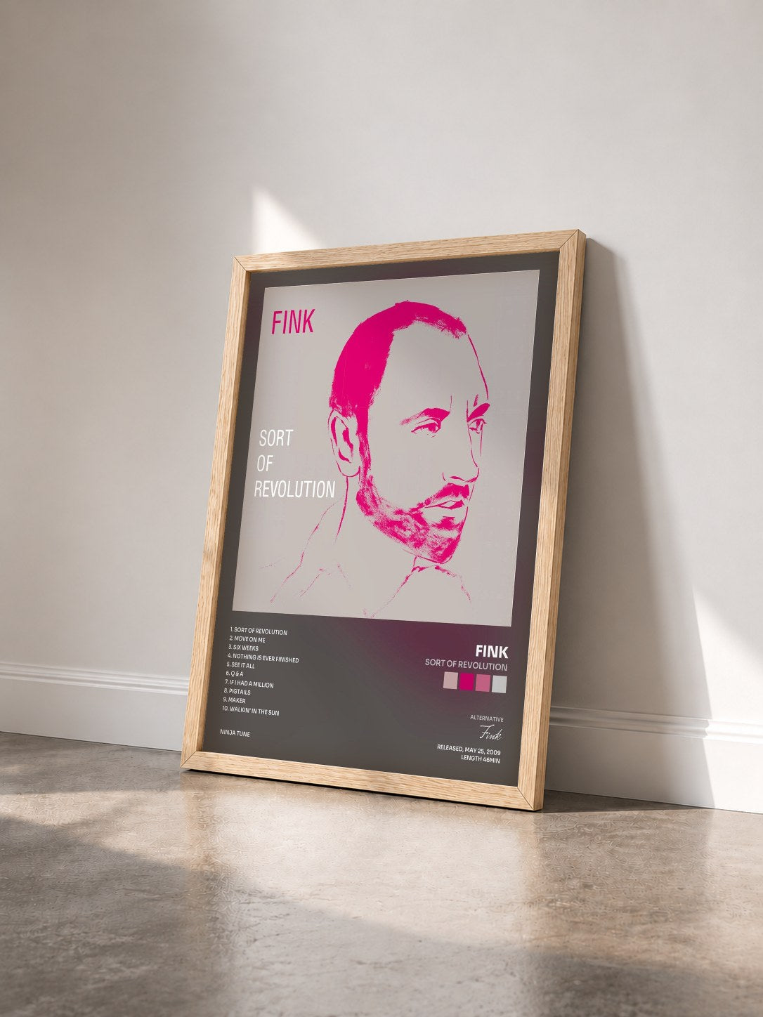 #bois Tableau de l'album Sort of Revolution de Fink vu de trois quarts, cadre en bois brut