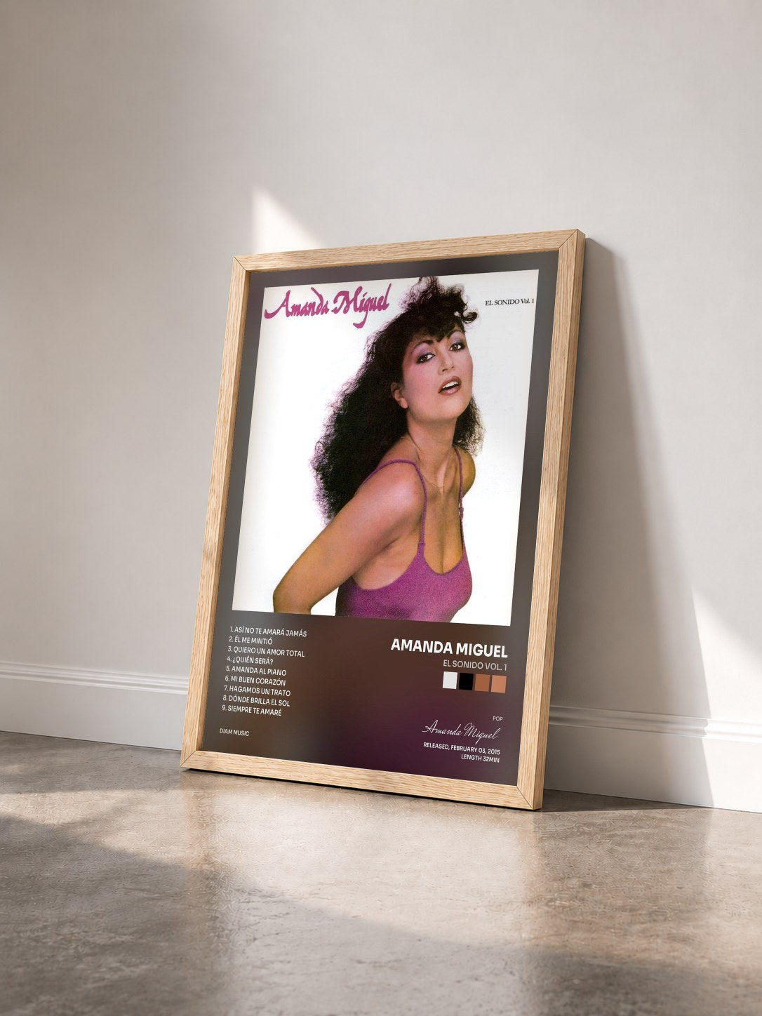 #bois Tableau de l'album El Sonido Vol. 1 de Amanda Miguel vu de trois quarts, cadre en bois brut