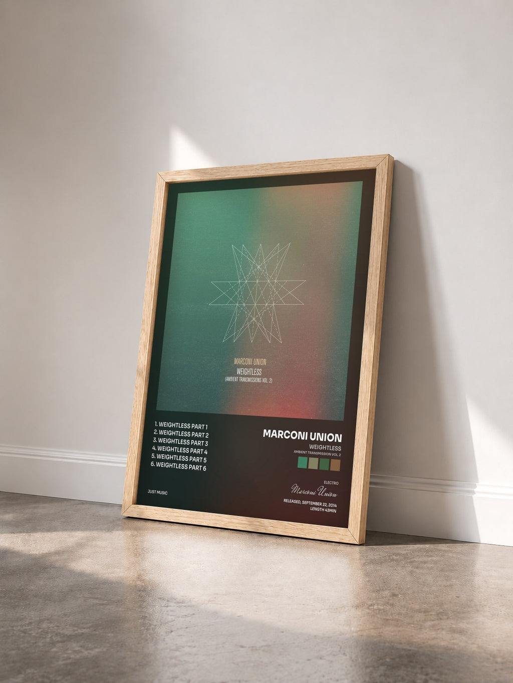 #bois Tableau de l'album Weightless (Ambient Transmission Vol. 2) de Marconi Union vu de trois quarts, cadre en bois brut
