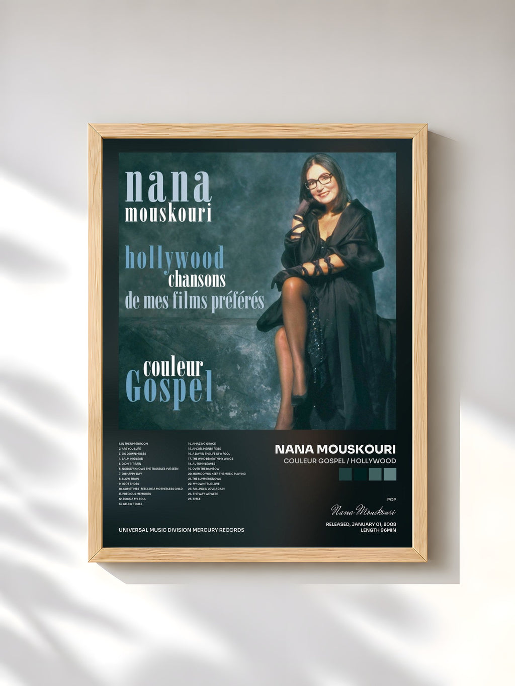 #bois Tableau de l'album Couleur Gospel / Hollywood de Nana Mouskouri, cadre en bois brut, imprimé et encadré en France