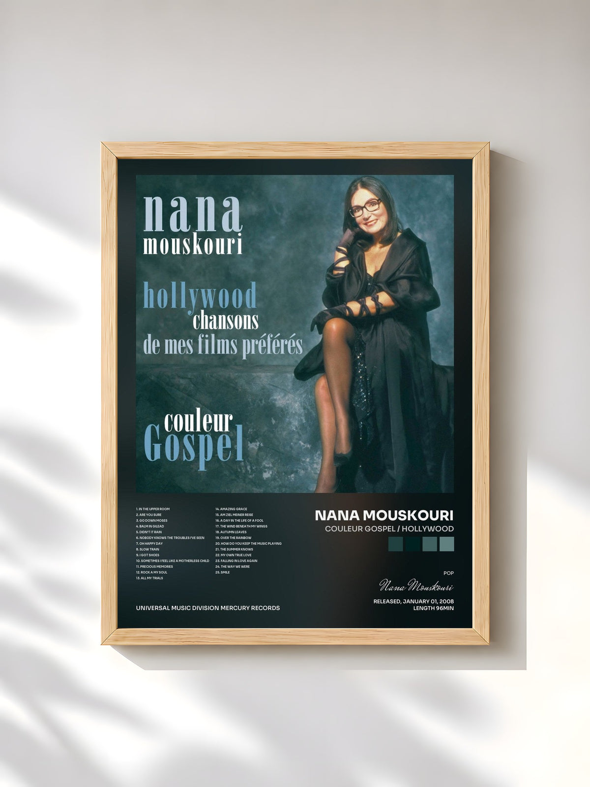 #bois Tableau de l'album Couleur Gospel / Hollywood de Nana Mouskouri, cadre en bois brut, imprimé et encadré en France