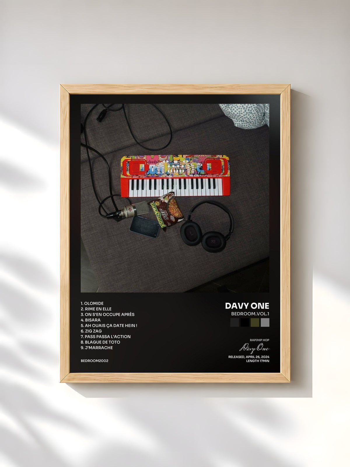 #bois Tableau de l'album BEDROOM.VOL.1 de Davy One, cadre en bois brut, imprimé et encadré en France
