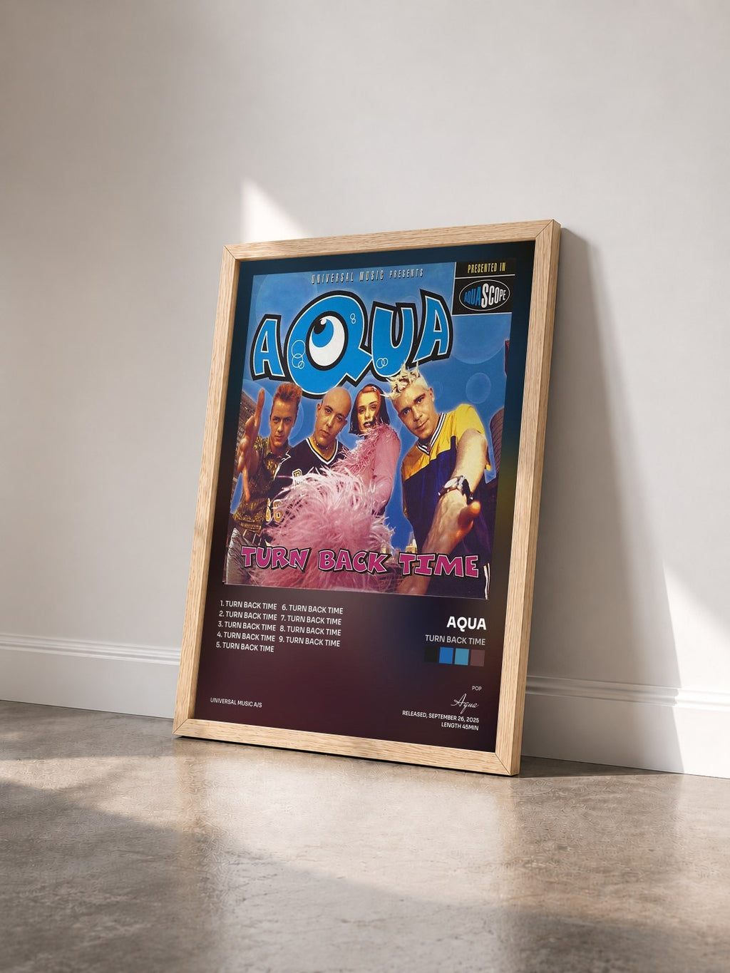 #bois Tableau de l'album Turn Back Time de Aqua vu de trois quarts, cadre en bois brut