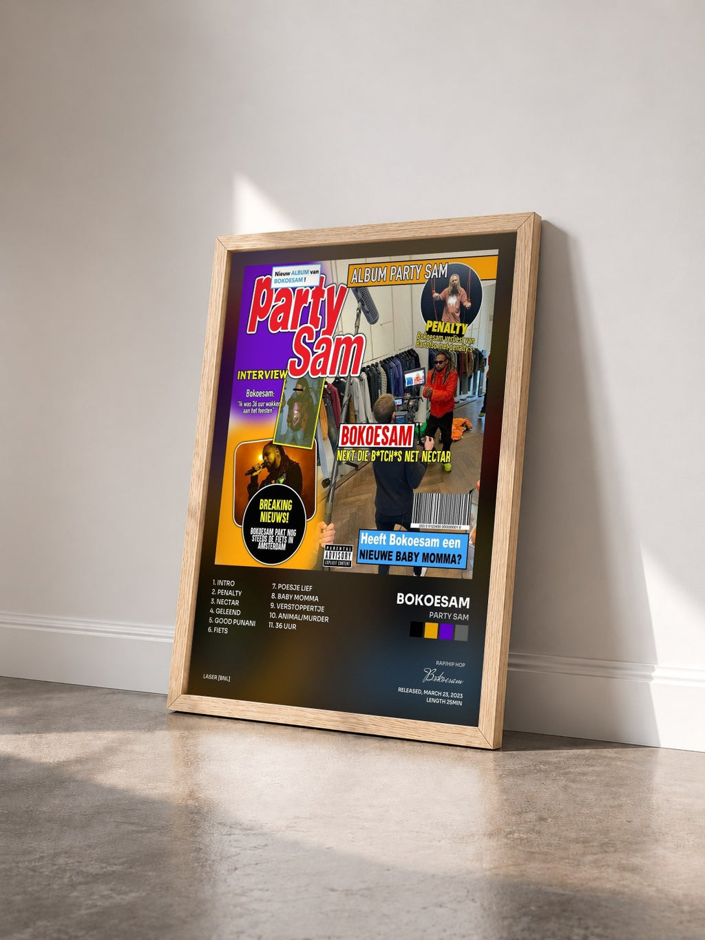 #bois Tableau de l'album PARTY SAM de Bokoesam vu de trois quarts, cadre en bois brut