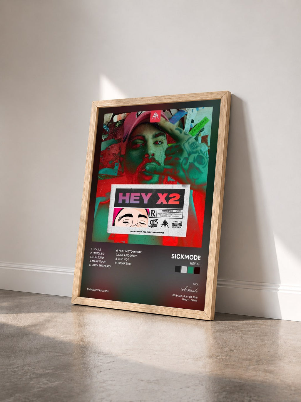 #bois Tableau de l'album HEY X2 de Sickmode vu de trois quarts, cadre en bois brut