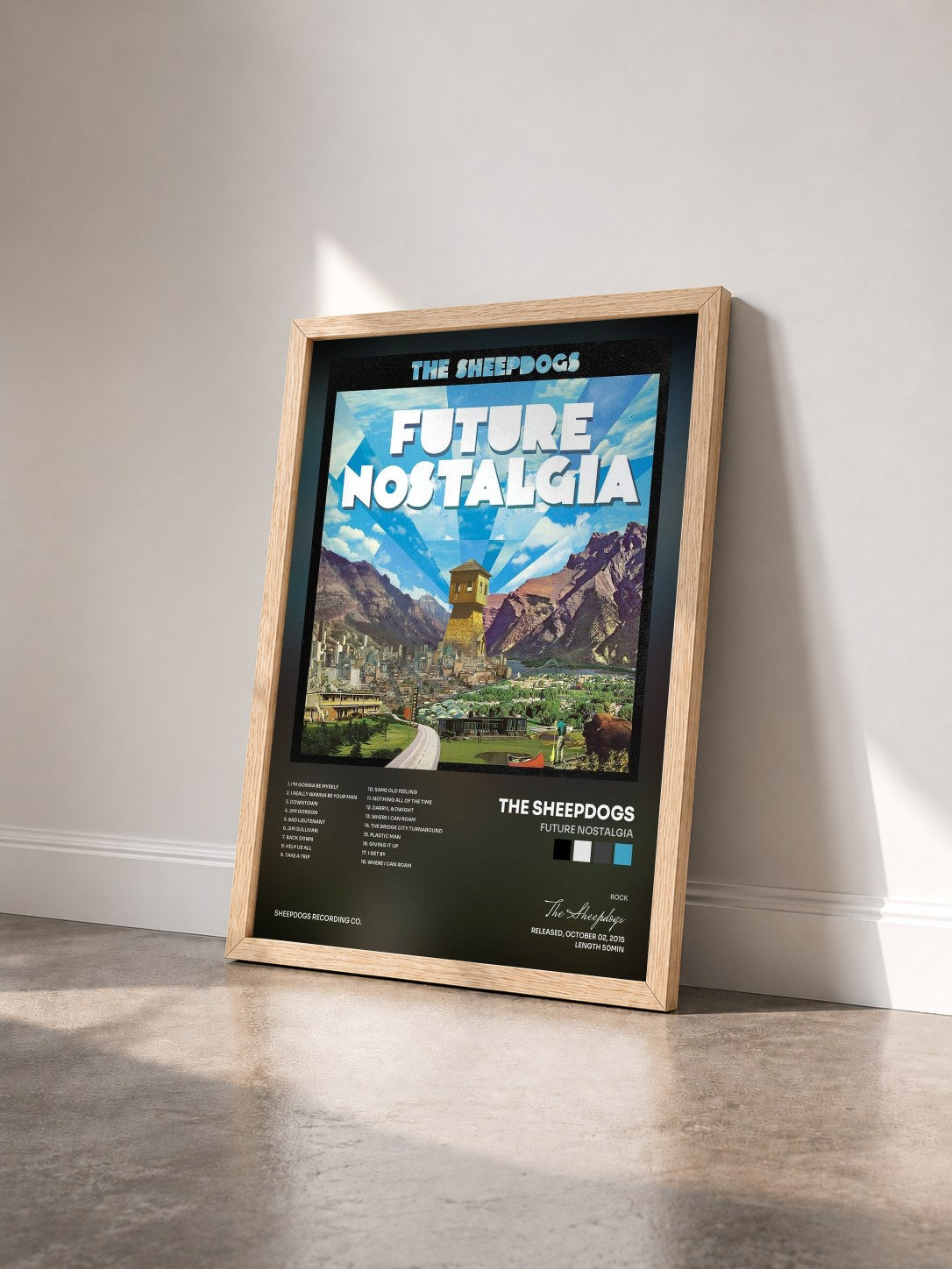 #bois Tableau de l'album Future Nostalgia de The Sheepdogs vu de trois quarts, cadre en bois brut