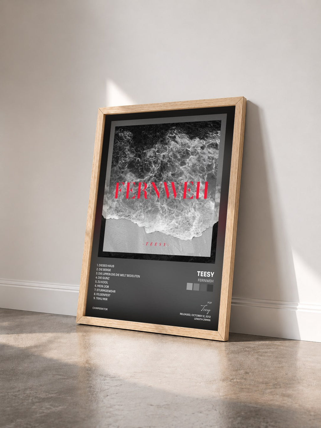 #bois Tableau de l'album Fernweh de Teesy vu de trois quarts, cadre en bois brut