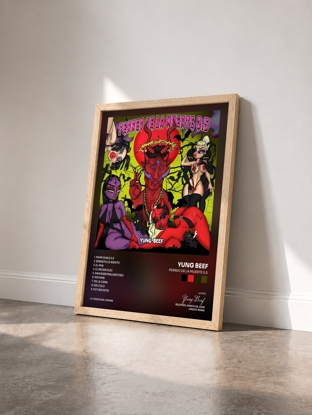#bois Tableau de l'album Perreo de la Muerte 2.5 de Yung Beef vu de trois quarts, cadre en bois brut