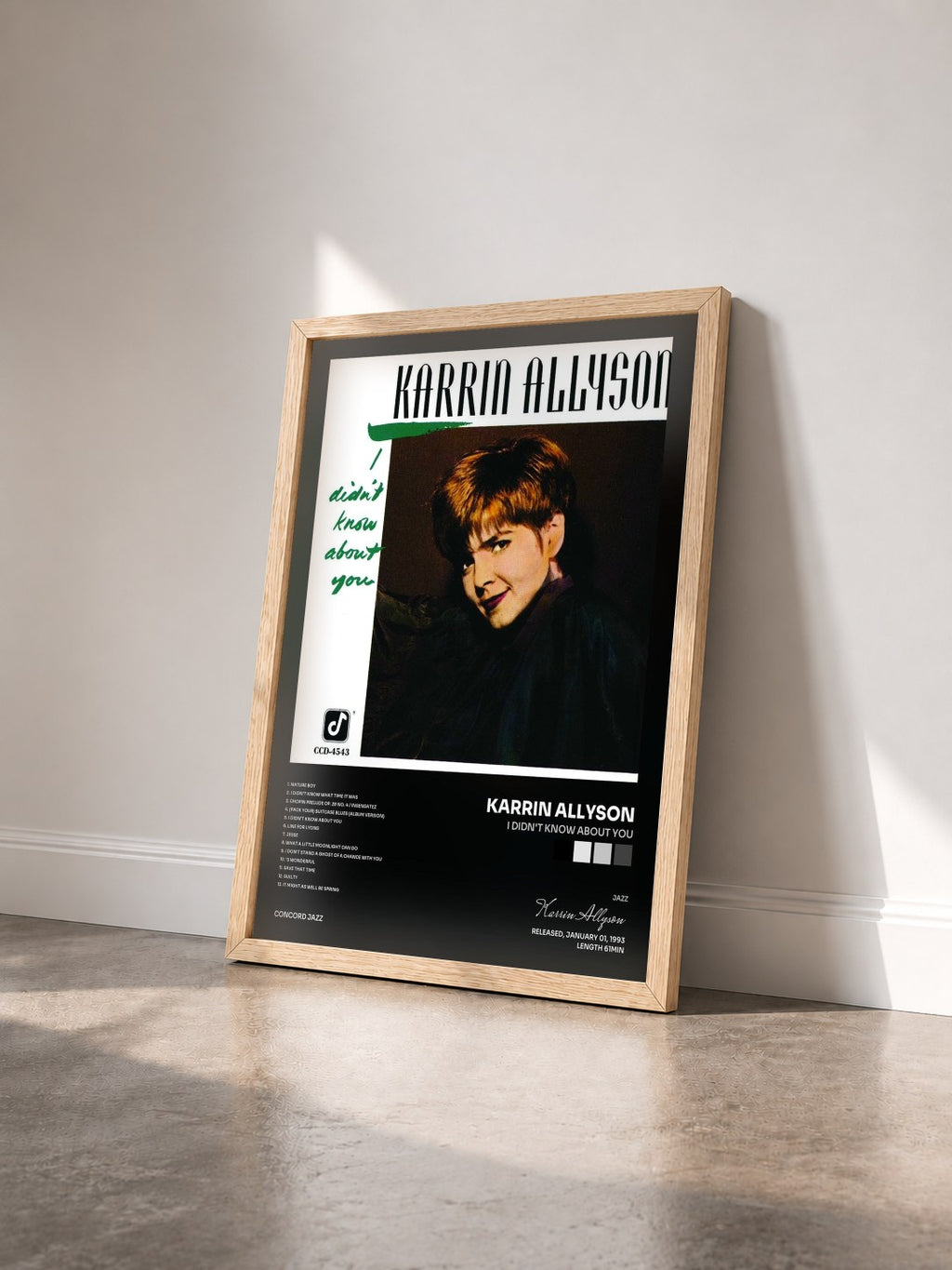 #bois Tableau de l'album I Didn't Know About You de Karrin Allyson vu de trois quarts, cadre en bois brut