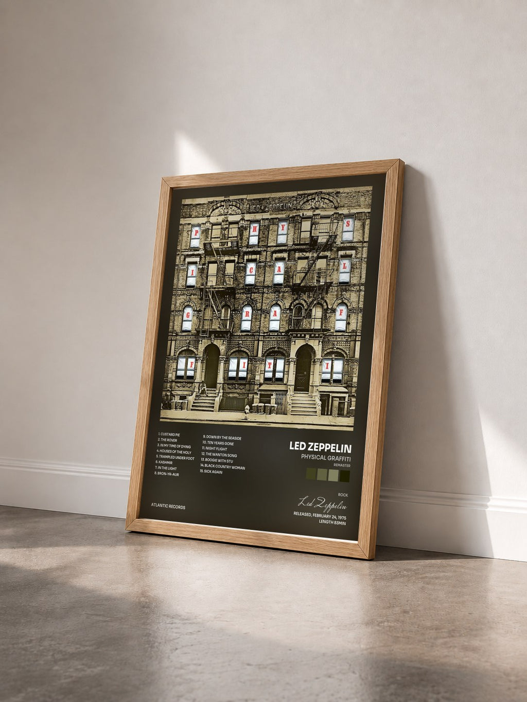 #bois Tableau de l'album Physical Graffiti (Remaster) de Led Zeppelin vu de trois quarts, cadre en bois brut