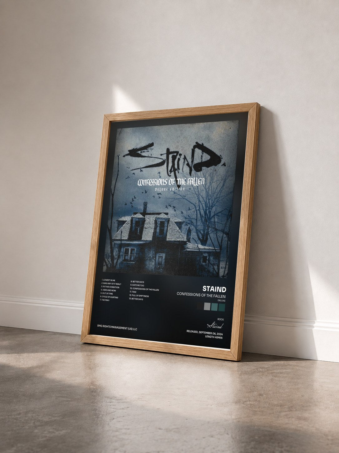 #bois Tableau de l'album Confessions Of The Fallen (Deluxe) de Staind vu de trois quarts, cadre en bois brut
