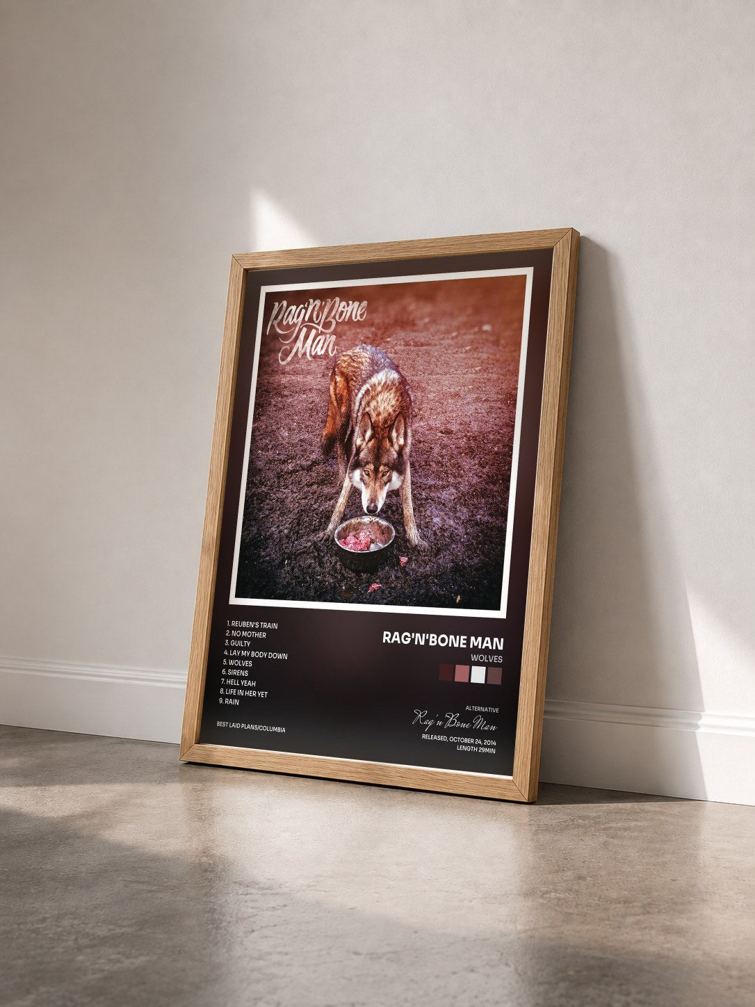 #bois Tableau de l'album Wolves de Rag'n'Bone Man vu de trois quarts, cadre en bois brut