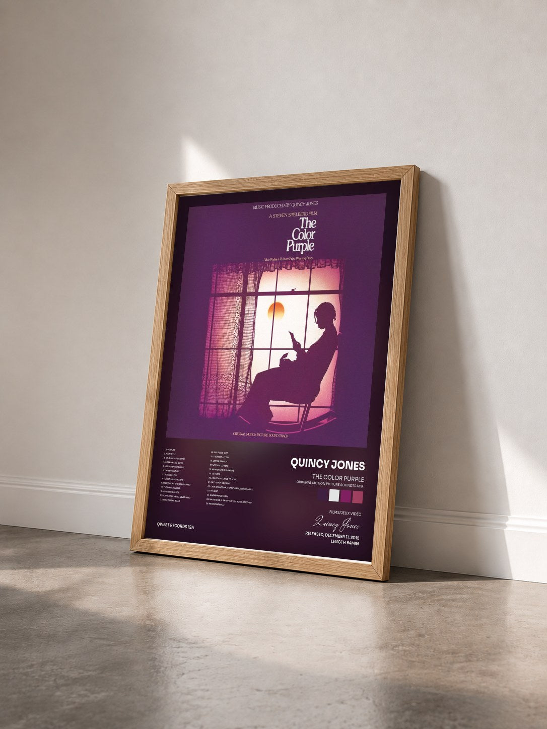 #bois Tableau de l'album The Color Purple (Original Motion Picture Soundtrack) de Quincy Jones vu de trois quarts, cadre en bois brut