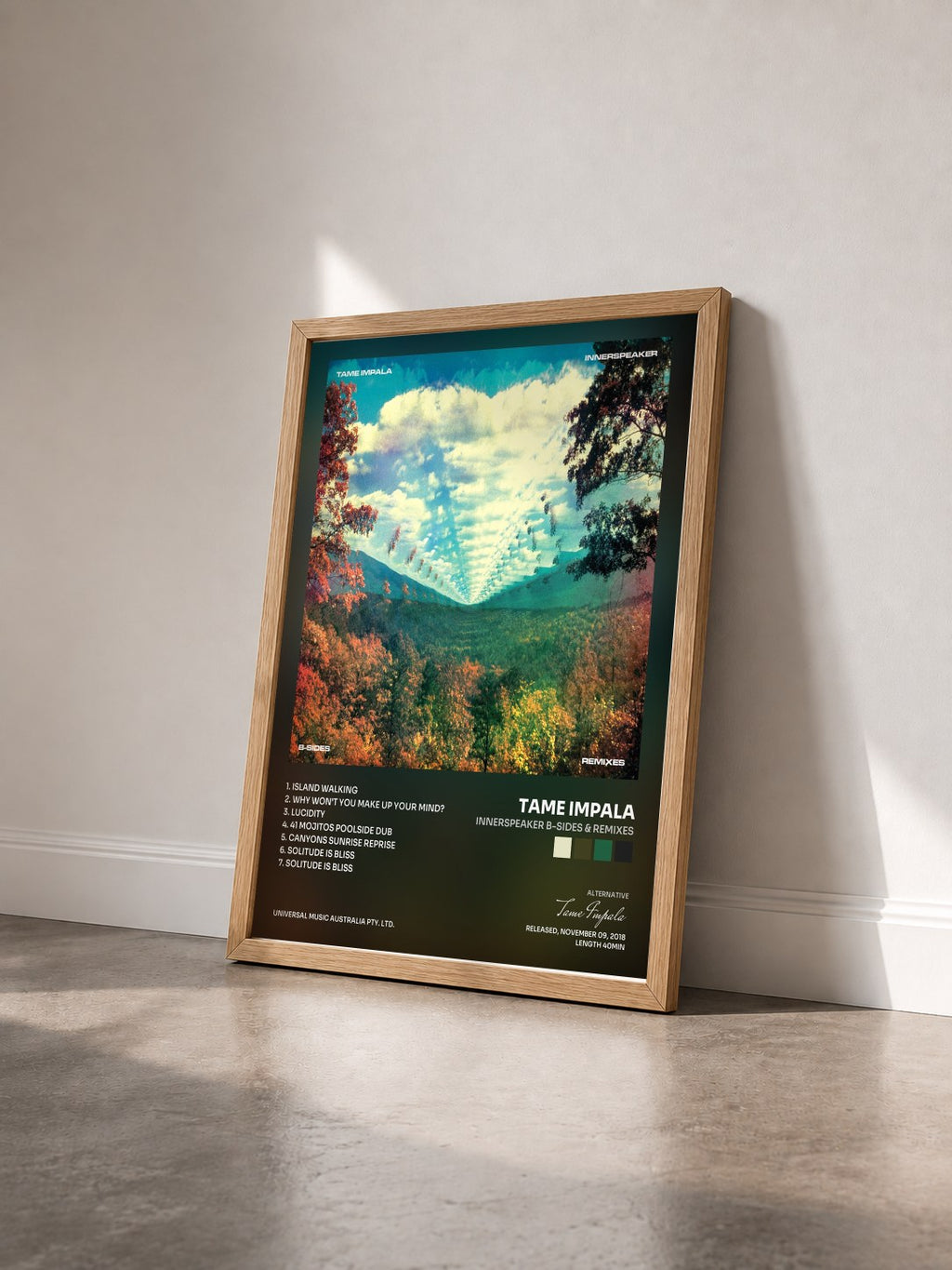 #bois Tableau de l'album InnerSpeaker B-Sides & Remixes de Tame Impala vu de trois quarts, cadre en bois brut