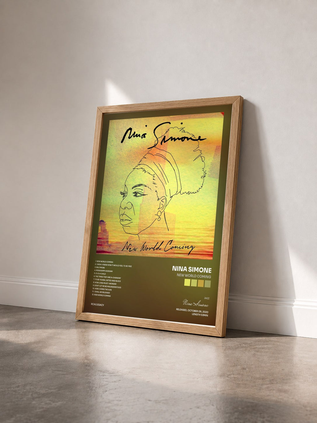 #bois Tableau de l'album New World Coming de Nina Simone vu de trois quarts, cadre en bois brut