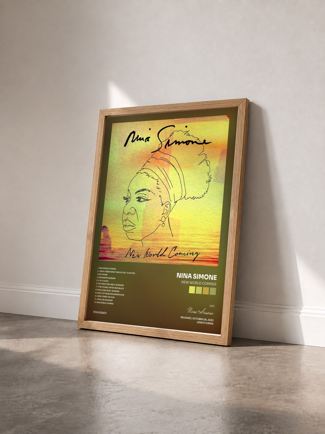 #bois Tableau de l'album New World Coming de Nina Simone vu de trois quarts, cadre en bois brut