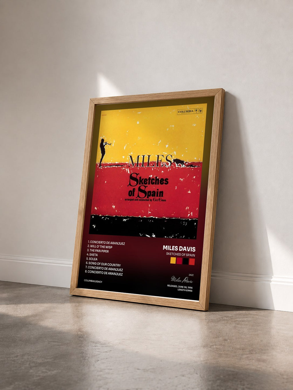 #bois Tableau de l'album Sketches Of Spain de Miles Davis vu de trois quarts, cadre en bois brut