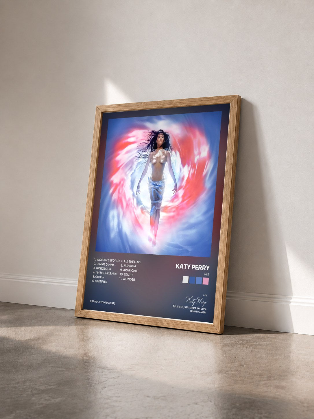#bois Tableau de l'album 143 de Katy Perry vu de trois quarts, cadre en bois brut