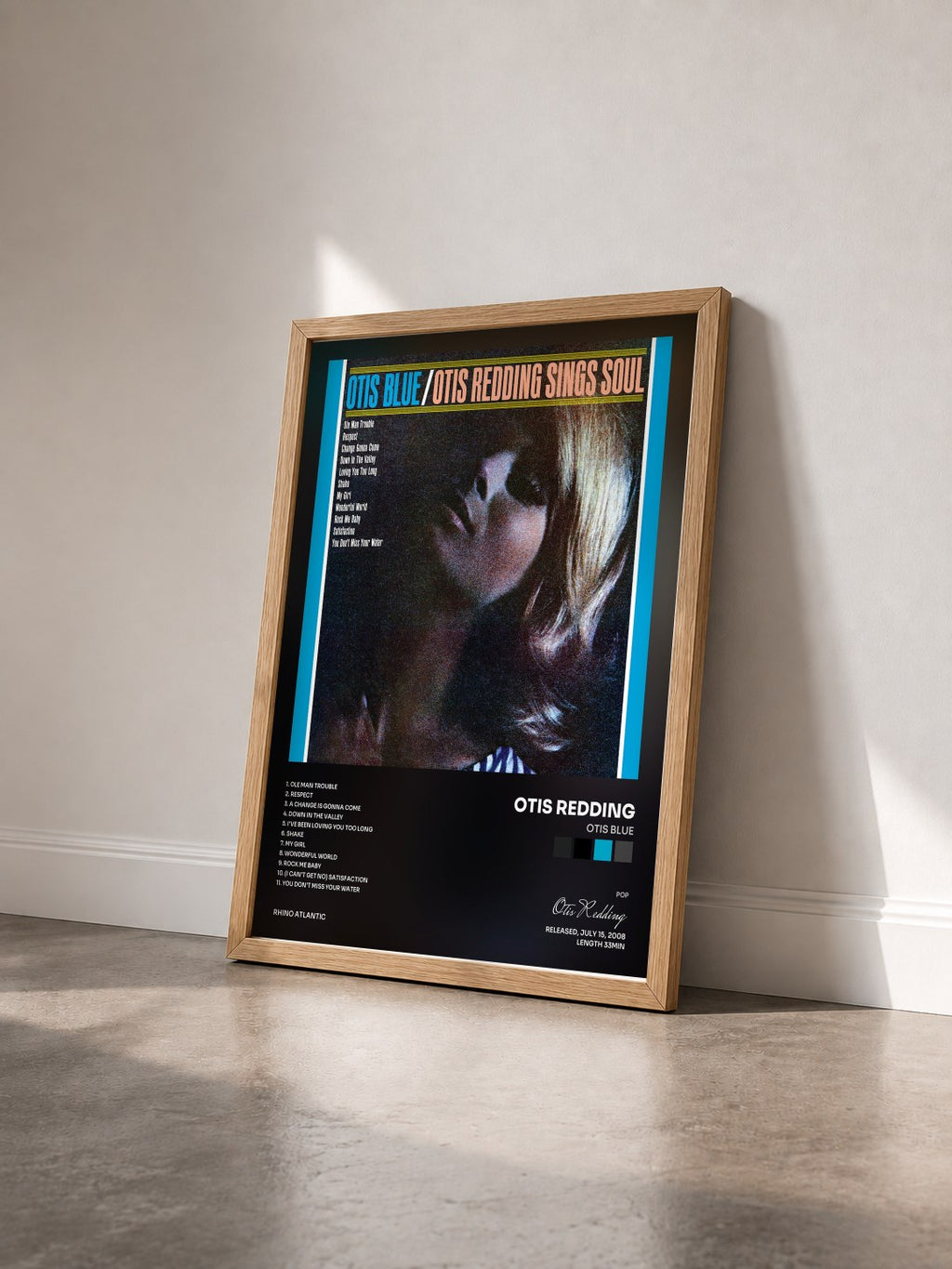 #bois Tableau de l'album Otis Blue de Otis Redding vu de trois quarts, cadre en bois brut