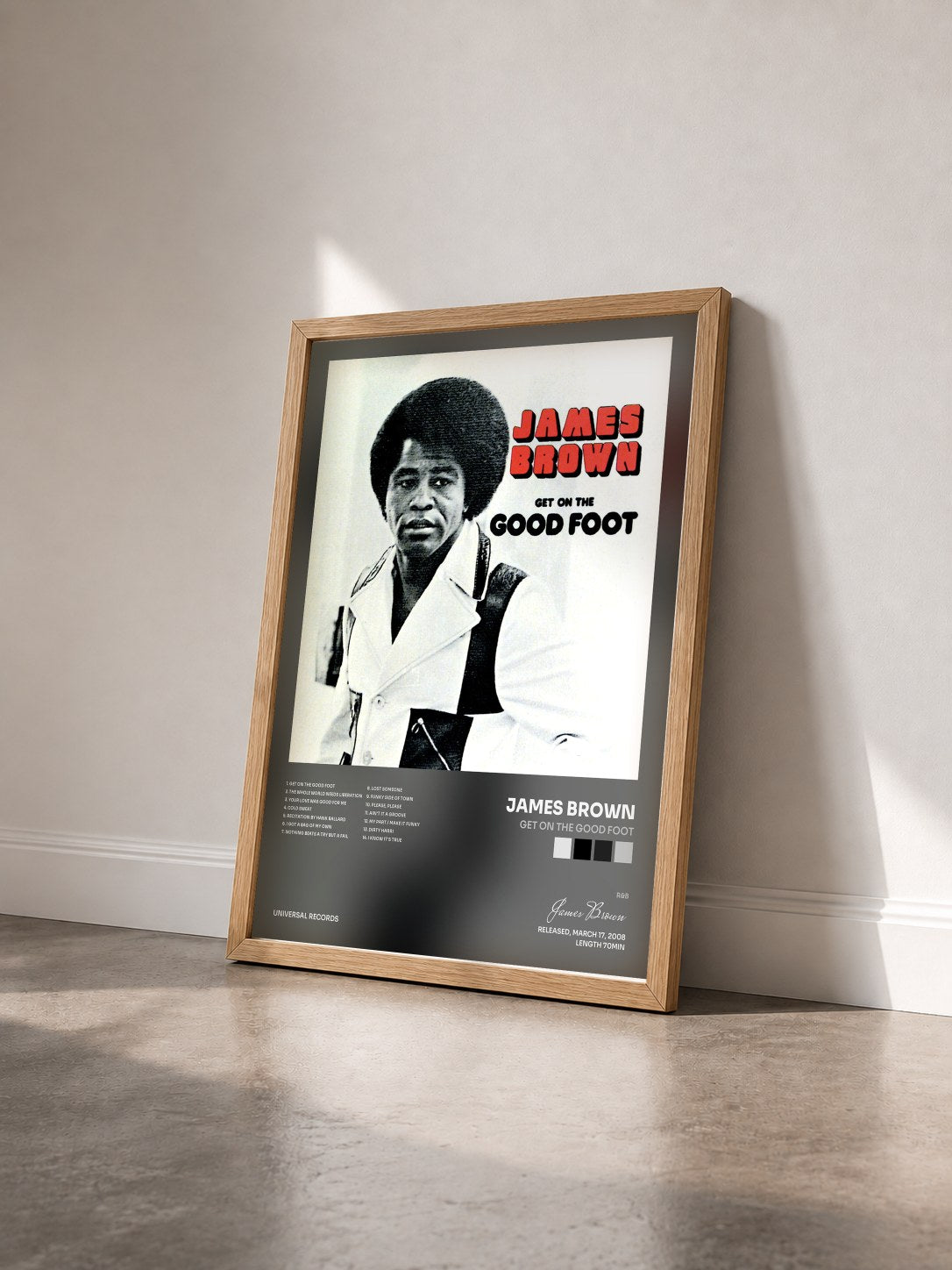 #bois Tableau de l'album Get On The Good Foot de James Brown vu de trois quarts, cadre en bois brut