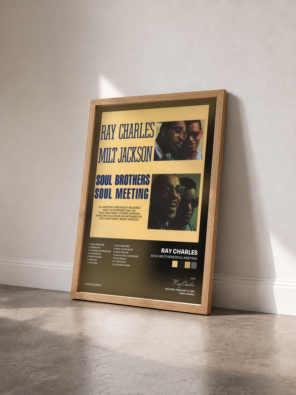 #bois Tableau de l'album Soul Brothers/Soul Meeting de Ray Charles vu de trois quarts, cadre en bois brut