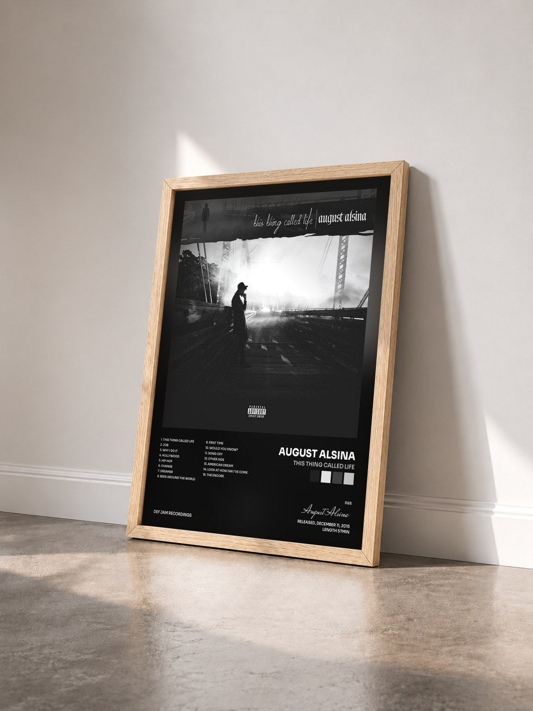 #bois Tableau de l'album This Thing Called Life de August Alsina vu de trois quarts, cadre en bois brut