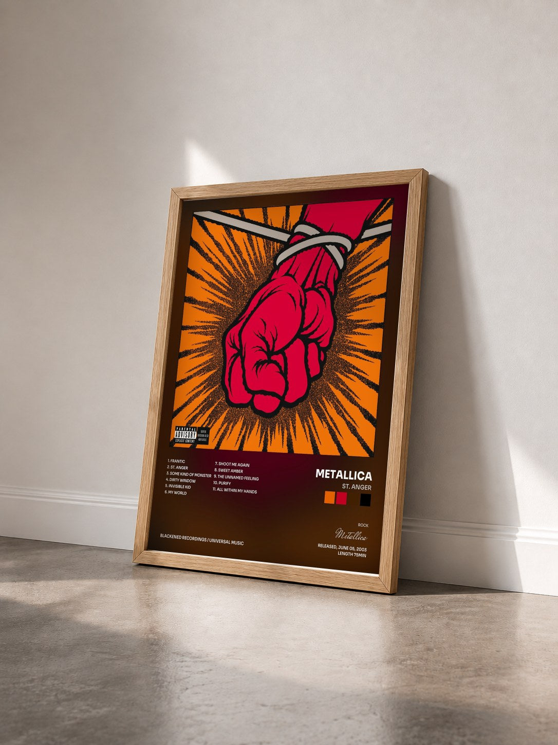 #bois Tableau de l'album St. Anger de Metallica vu de trois quarts, cadre en bois brut