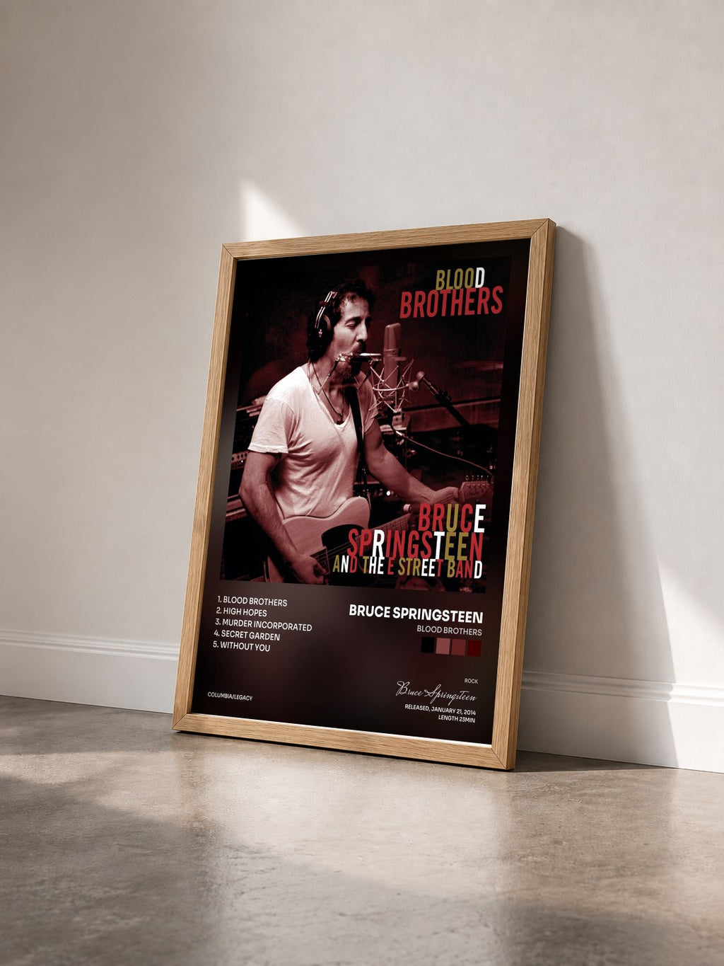 #bois Tableau de l'album Blood Brothers de Bruce Springsteen vu de trois quarts, cadre en bois brut