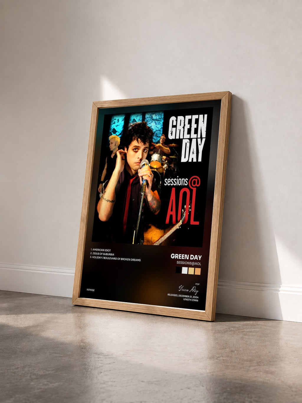 #bois Tableau de l'album Sessions@AOL de Green Day vu de trois quarts, cadre en bois brut