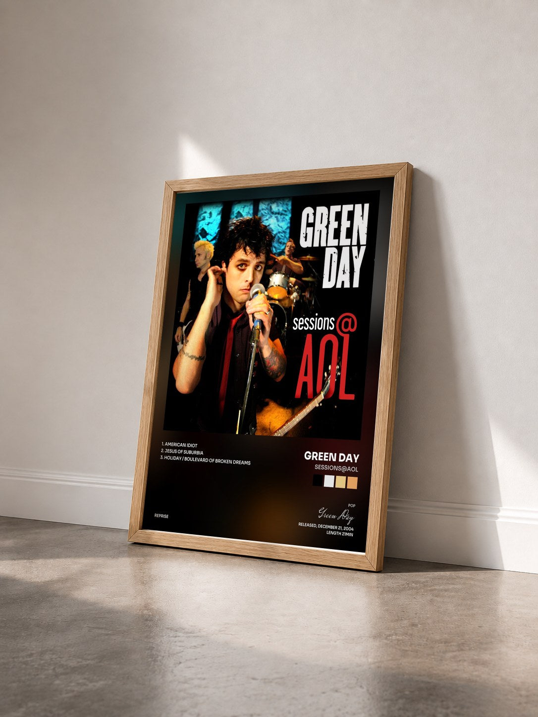 #bois Tableau de l'album Sessions@AOL de Green Day vu de trois quarts, cadre en bois brut