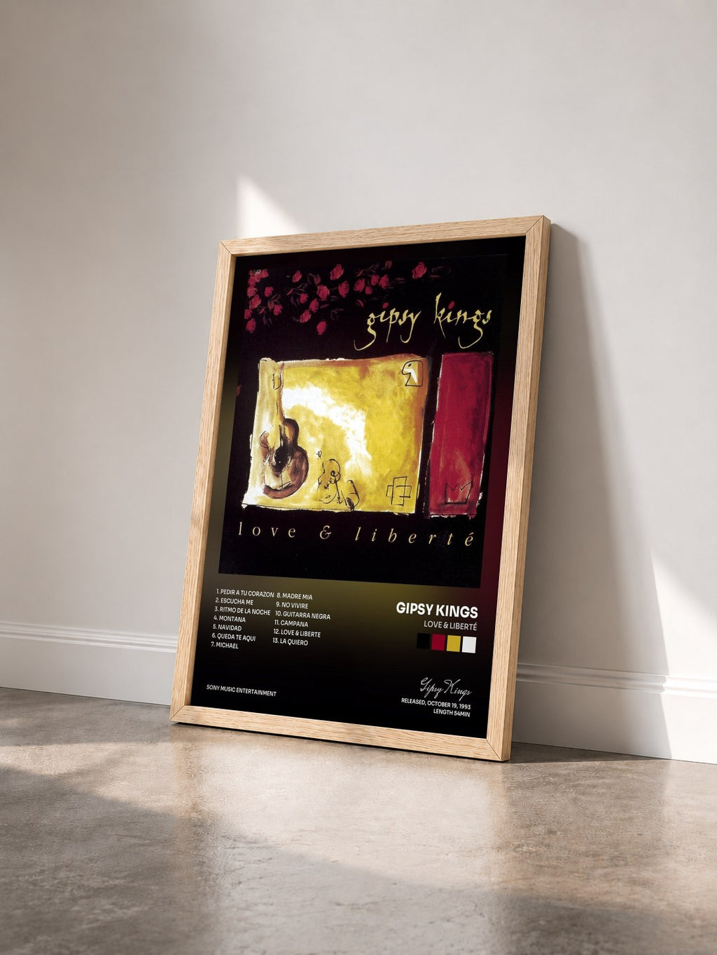 #bois Tableau de l'album Love & Liberté de Gipsy Kings vu de trois quarts, cadre en bois brut