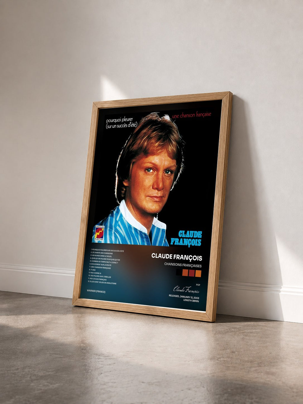 #bois Tableau de l'album Chansons françaises de Claude François vu de trois quarts, cadre en bois brut