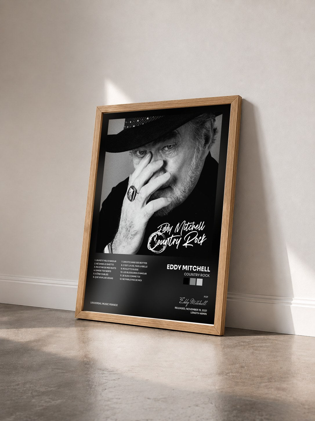 #bois Tableau de l'album Country Rock de Eddy Mitchell vu de trois quarts, cadre en bois brut