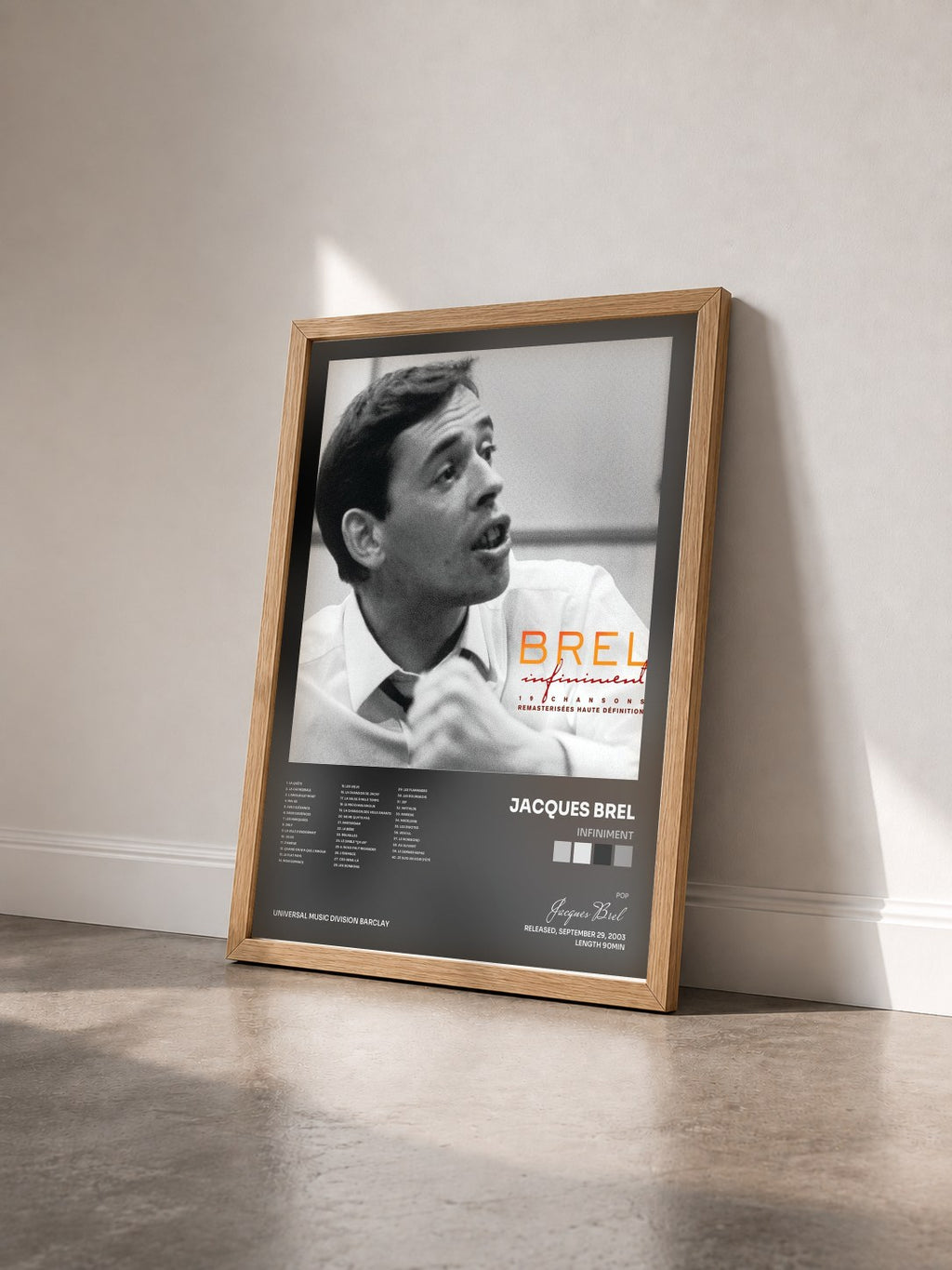 #bois Tableau de l'album Infiniment de Jacques Brel vu de trois quarts, cadre en bois brut