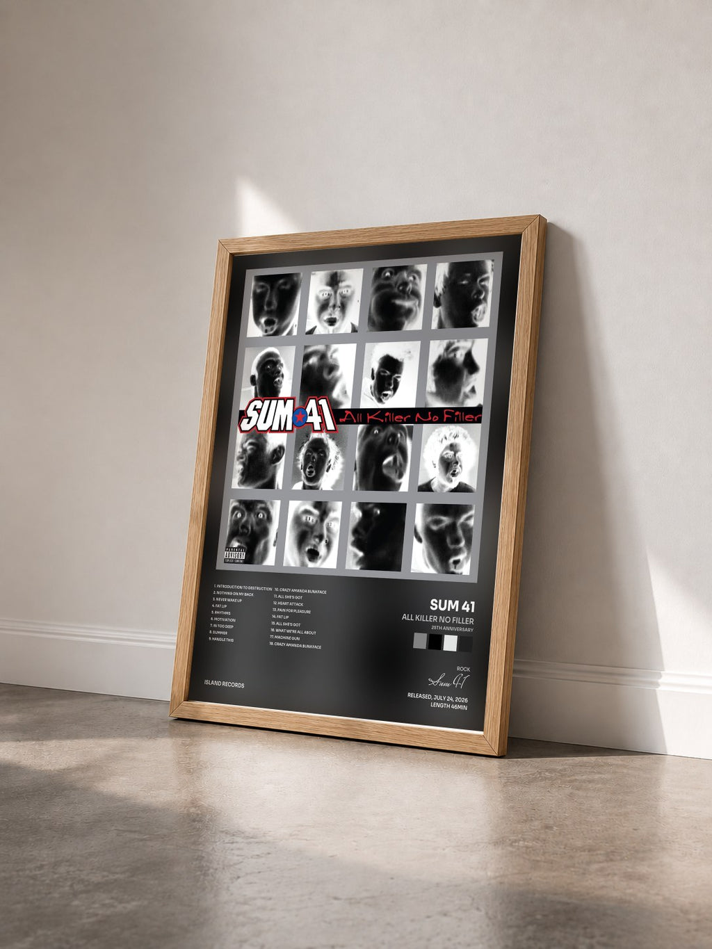 #bois Tableau de l'album All Killer No Filler (25th Anniversary) de Sum 41 vu de trois quarts, cadre en bois brut