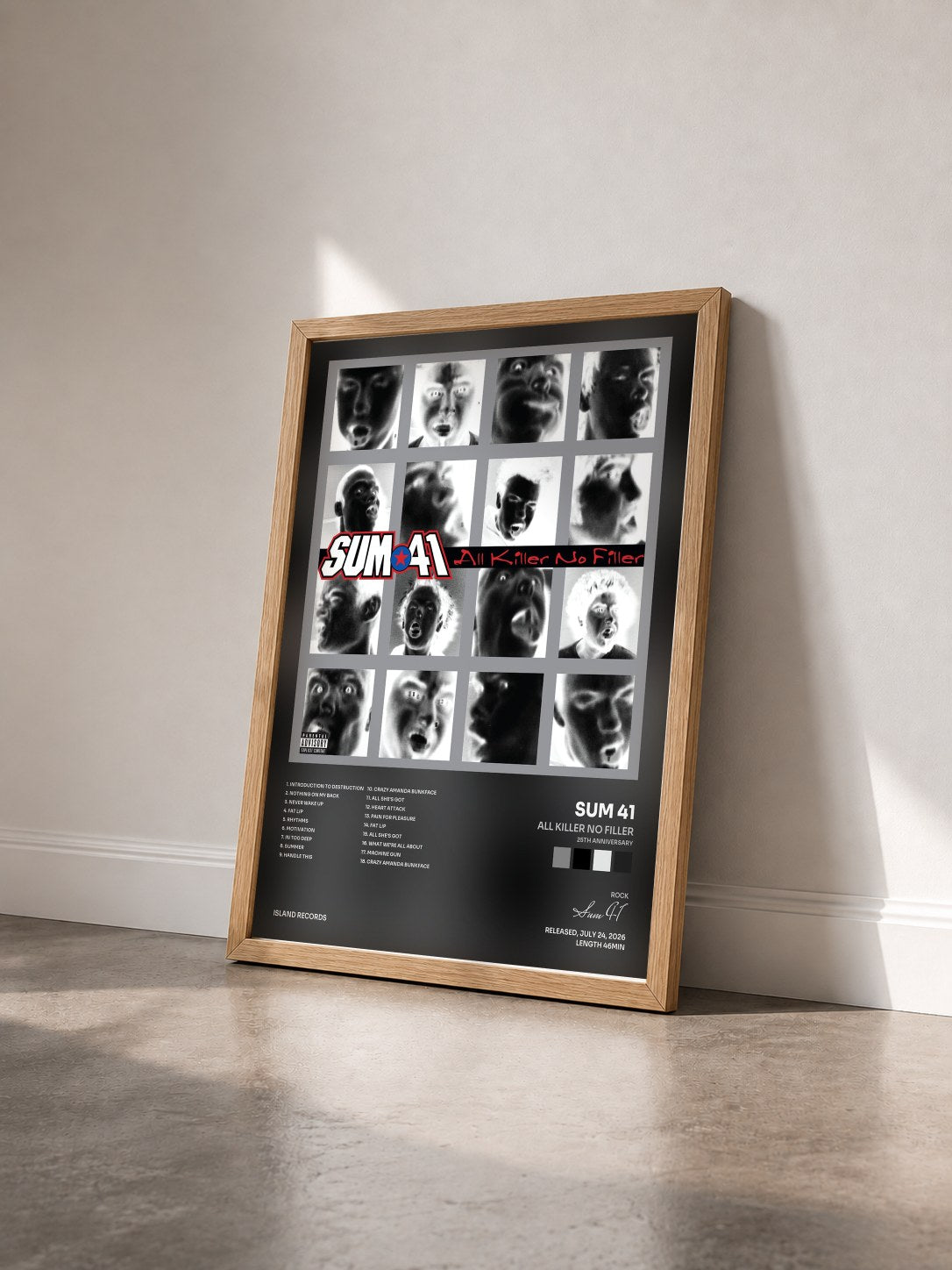 #bois Tableau de l'album All Killer No Filler (25th Anniversary) de Sum 41 vu de trois quarts, cadre en bois brut