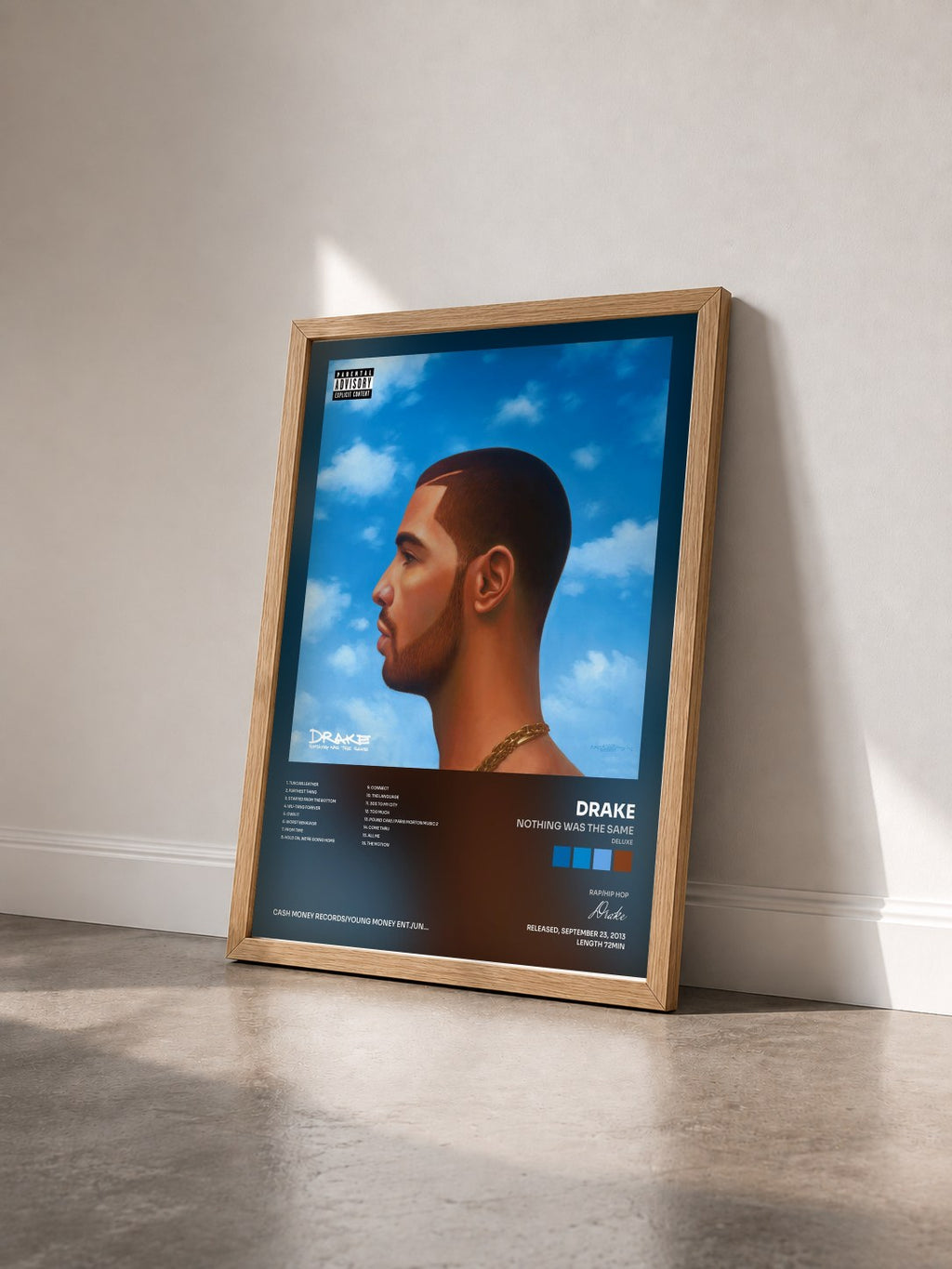 #bois Tableau de l'album Nothing Was The Same (Deluxe) de Drake vu de trois quarts, cadre en bois brut