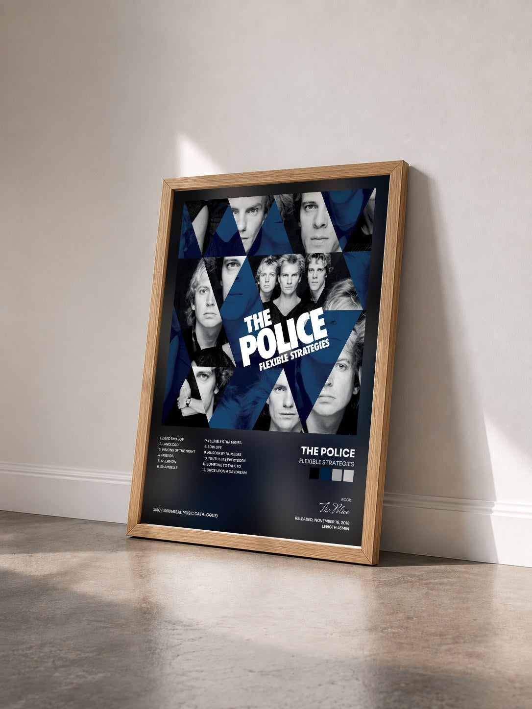 #bois Tableau de l'album Flexible Strategies de The Police vu de trois quarts, cadre en bois brut