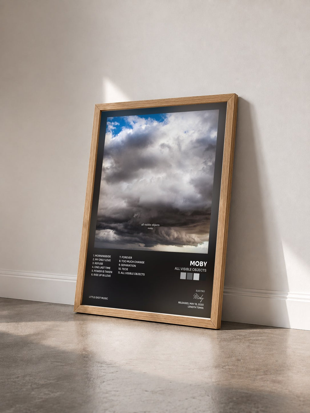 #bois Tableau de l'album All Visible Objects de Moby vu de trois quarts, cadre en bois brut