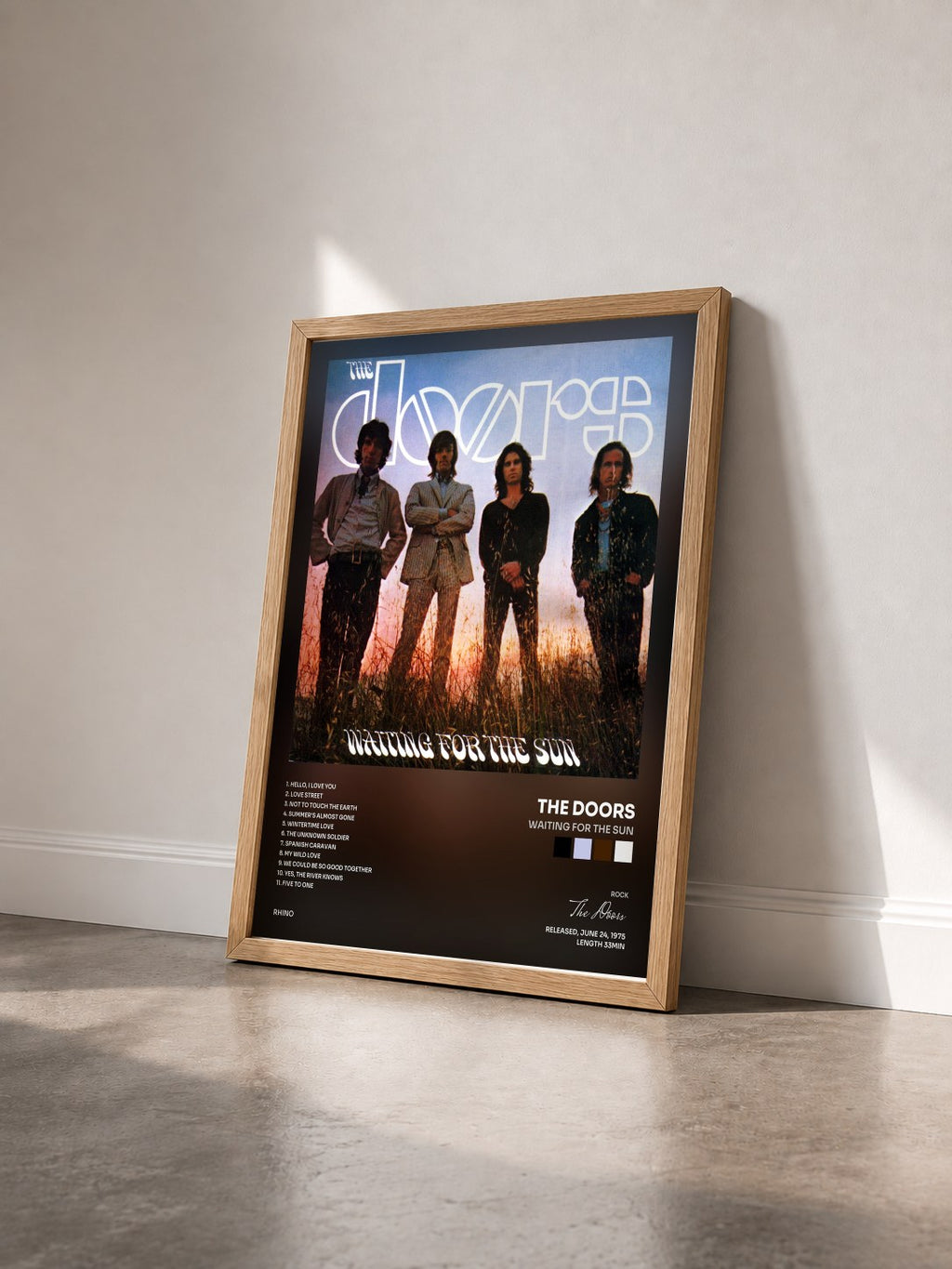 #bois Tableau de l'album Waiting for the Sun de The Doors vu de trois quarts, cadre en bois brut