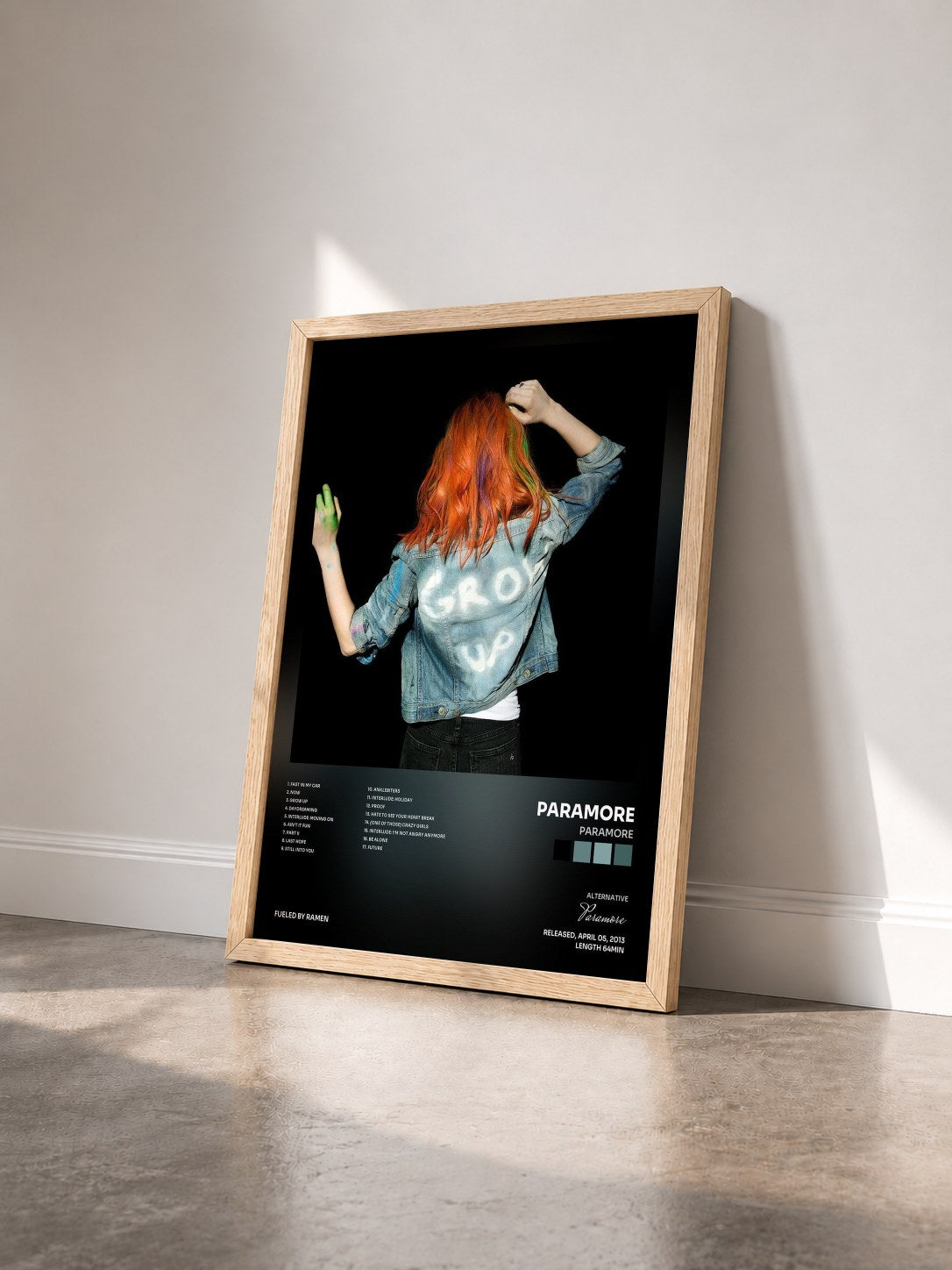 #bois Tableau de l'album Paramore de Paramore vu de trois quarts, cadre en bois brut