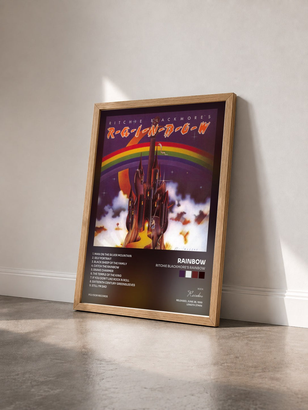 #bois Tableau de l'album Ritchie Blackmore's Rainbow de Rainbow vu de trois quarts, cadre en bois brut