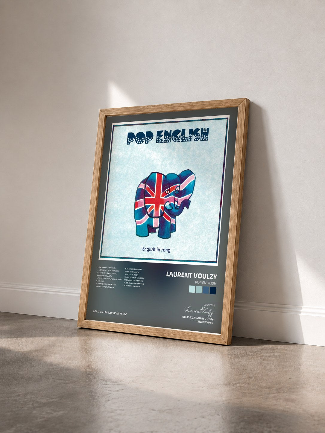 #bois Tableau de l'album Pop English de Laurent Voulzy vu de trois quarts, cadre en bois brut