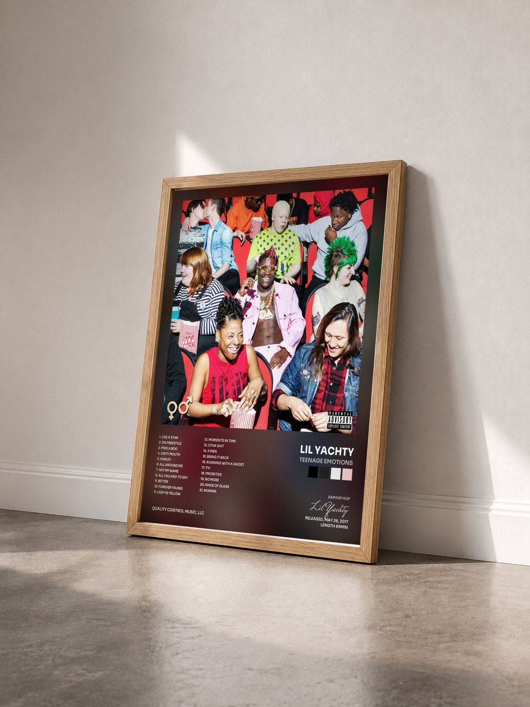 #bois Tableau de l'album Teenage Emotions de Lil Yachty vu de trois quarts, cadre en bois brut