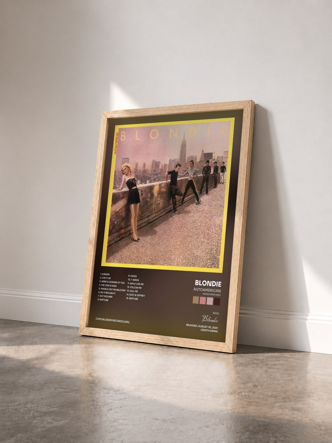 #bois Tableau de l'album Autoamerican (Remastered 2001) de Blondie vu de trois quarts, cadre en bois brut