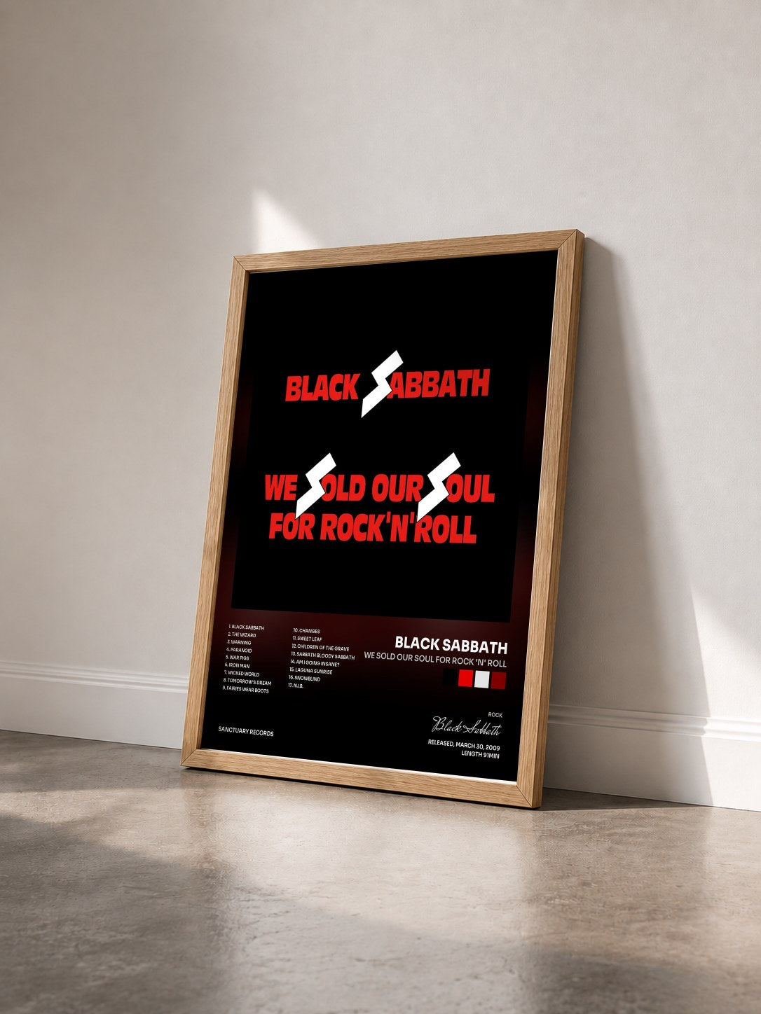 #bois Tableau de l'album We Sold Our Soul for Rock 'N' Roll de Black Sabbath vu de trois quarts, cadre en bois brut