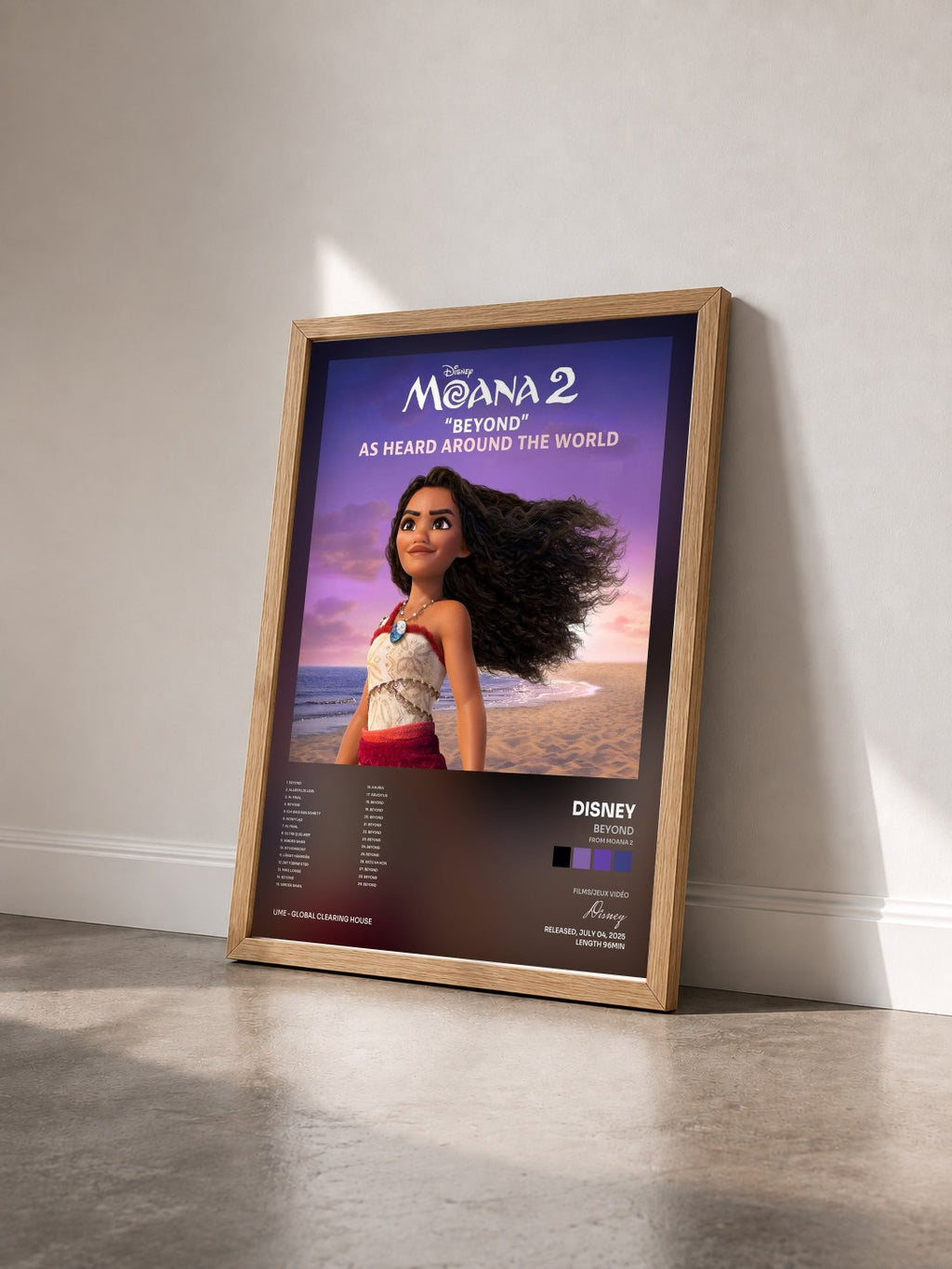 #bois Tableau de l'album Beyond (from Moana 2) de Disney vu de trois quarts, cadre en bois brut