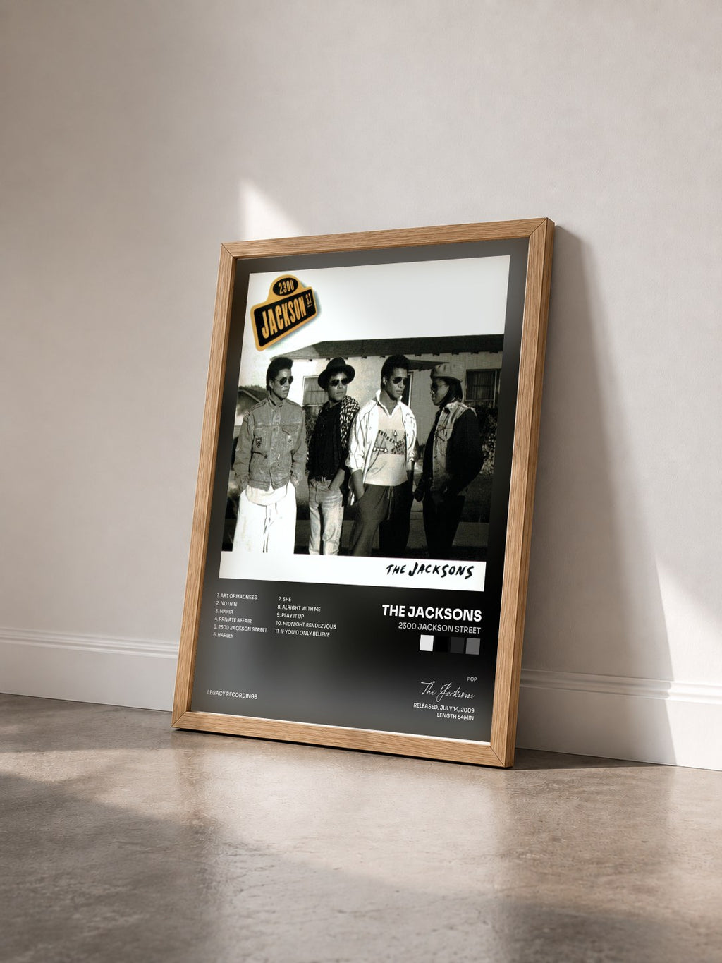 #bois Tableau de l'album 2300 Jackson Street de The Jacksons vu de trois quarts, cadre en bois brut